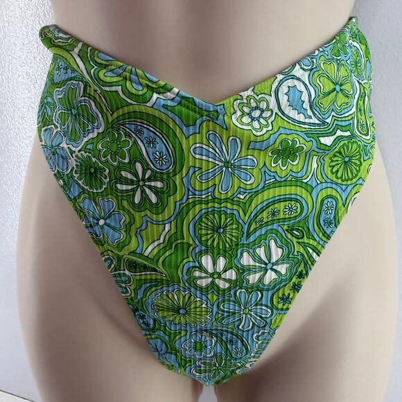 Hollister Swim Ribbed Cheeky Paisley Green Bikini Bottom Womens Large - Picture 1 of 5